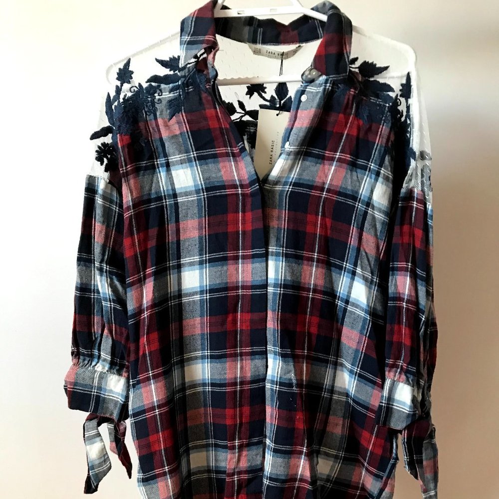 Zara Basic Collection Red, Blue & White Flannel With Floral Mesh Details